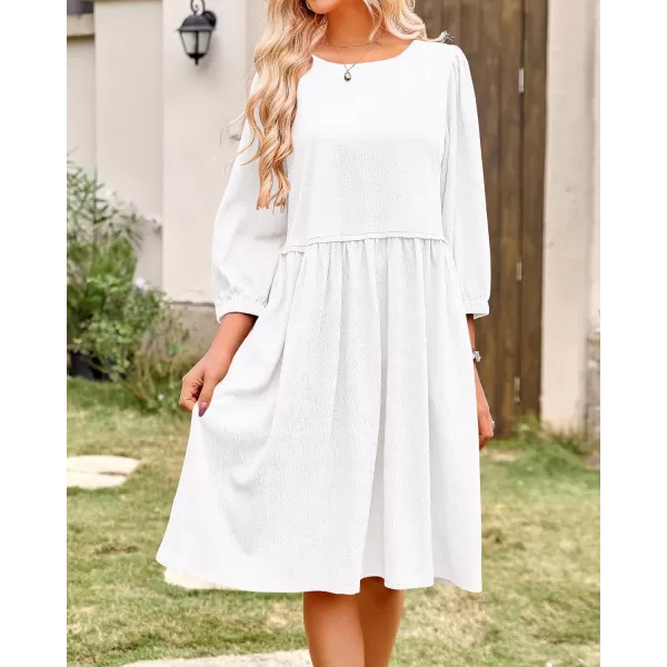 imageBTFBM Women Casual Summer Dresses 2024 Crew Neck 34 Puff Sleeve Tunic Dress Textured Loose Flowy Mini Babydoll DressSolid White