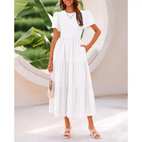 imageBTFBM Women Casual Summer Dresses Crewneck Flutter Puff Short Sleeve Elastic Waist Flowy Aline Tiered Maxi Dress PocketsSolid Beige White