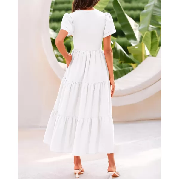imageBTFBM Women Casual Summer Dresses Crewneck Flutter Puff Short Sleeve Elastic Waist Flowy Aline Tiered Maxi Dress PocketsSolid Beige White