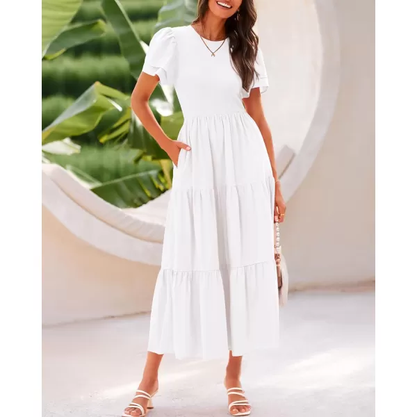 imageBTFBM Women Casual Summer Dresses Crewneck Flutter Puff Short Sleeve Elastic Waist Flowy Aline Tiered Maxi Dress PocketsSolid Beige White