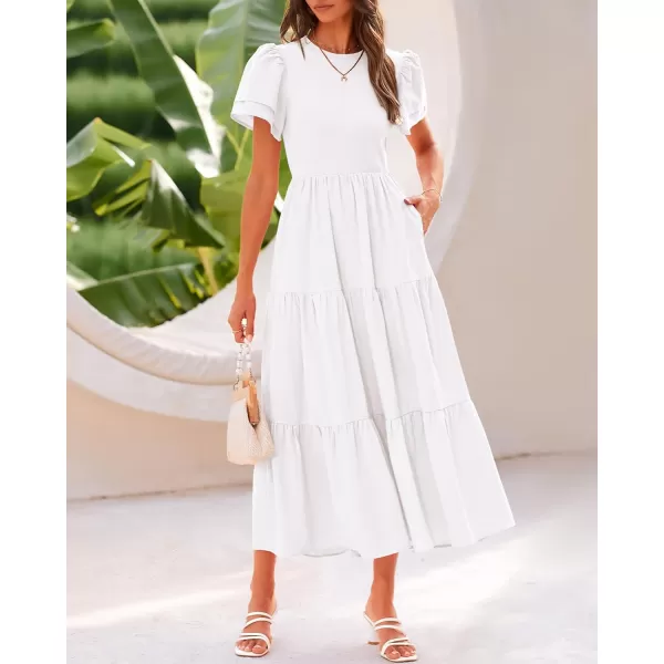 imageBTFBM Women Casual Summer Dresses Crewneck Flutter Puff Short Sleeve Elastic Waist Flowy Aline Tiered Maxi Dress PocketsSolid Beige White