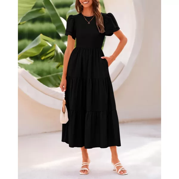 imageBTFBM Women Casual Summer Dresses Crewneck Flutter Puff Short Sleeve Elastic Waist Flowy Aline Tiered Maxi Dress PocketsSolid Black