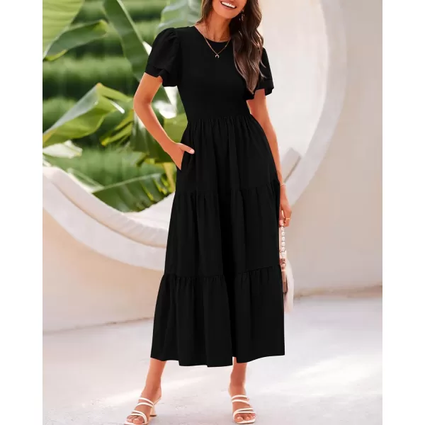 imageBTFBM Women Casual Summer Dresses Crewneck Flutter Puff Short Sleeve Elastic Waist Flowy Aline Tiered Maxi Dress PocketsSolid Black
