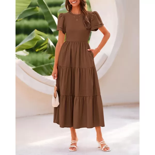 imageBTFBM Women Casual Summer Dresses Crewneck Flutter Puff Short Sleeve Elastic Waist Flowy Aline Tiered Maxi Dress PocketsSolid Brown