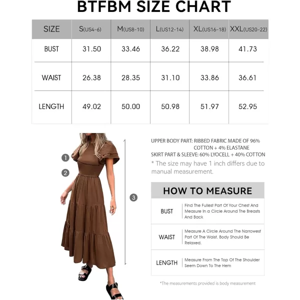 imageBTFBM Women Casual Summer Dresses Crewneck Flutter Puff Short Sleeve Elastic Waist Flowy Aline Tiered Maxi Dress PocketsSolid Brown