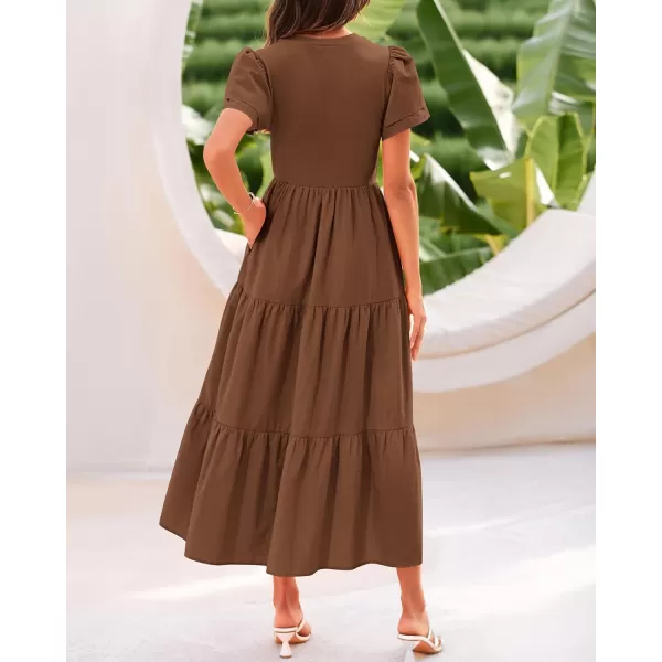 imageBTFBM Women Casual Summer Dresses Crewneck Flutter Puff Short Sleeve Elastic Waist Flowy Aline Tiered Maxi Dress PocketsSolid Brown