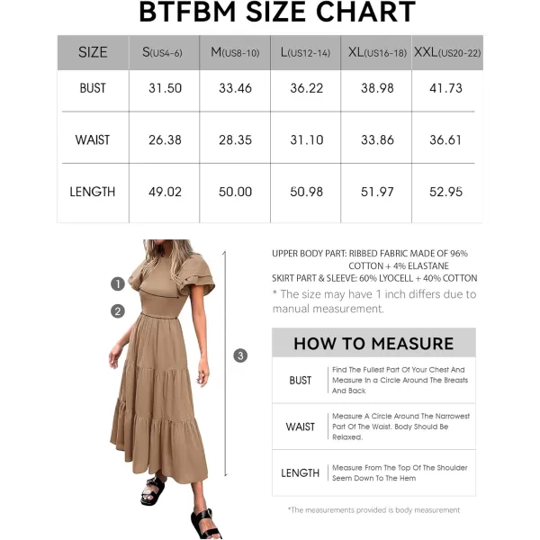 imageBTFBM Women Casual Summer Dresses Crewneck Flutter Puff Short Sleeve Elastic Waist Flowy Aline Tiered Maxi Dress PocketsSolid Khaki