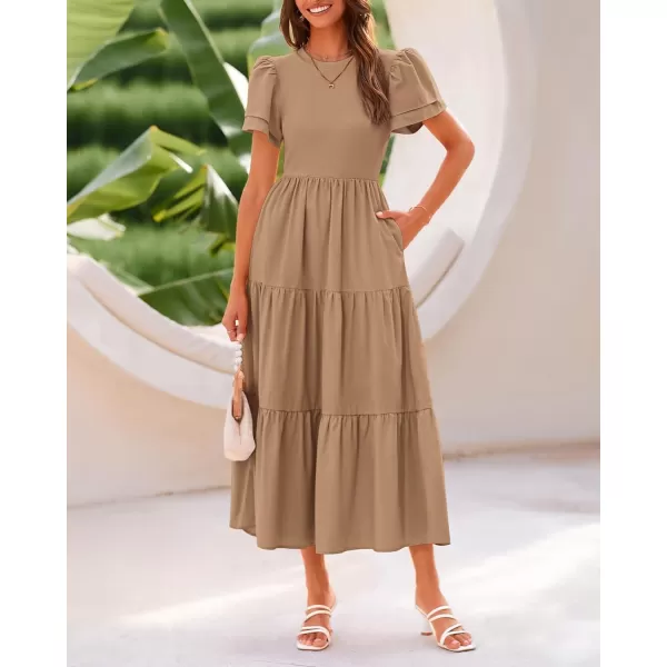 imageBTFBM Women Casual Summer Dresses Crewneck Flutter Puff Short Sleeve Elastic Waist Flowy Aline Tiered Maxi Dress PocketsSolid Khaki