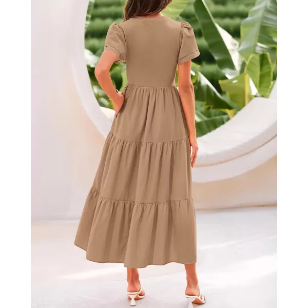 imageBTFBM Women Casual Summer Dresses Crewneck Flutter Puff Short Sleeve Elastic Waist Flowy Aline Tiered Maxi Dress PocketsSolid Khaki