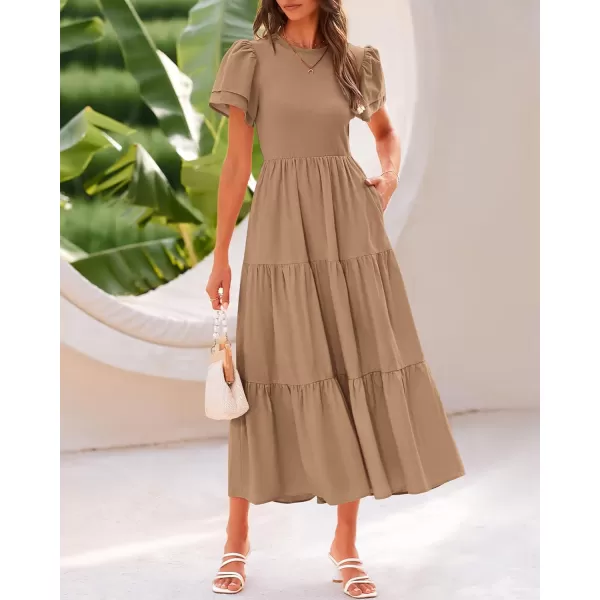 imageBTFBM Women Casual Summer Dresses Crewneck Flutter Puff Short Sleeve Elastic Waist Flowy Aline Tiered Maxi Dress PocketsSolid Khaki