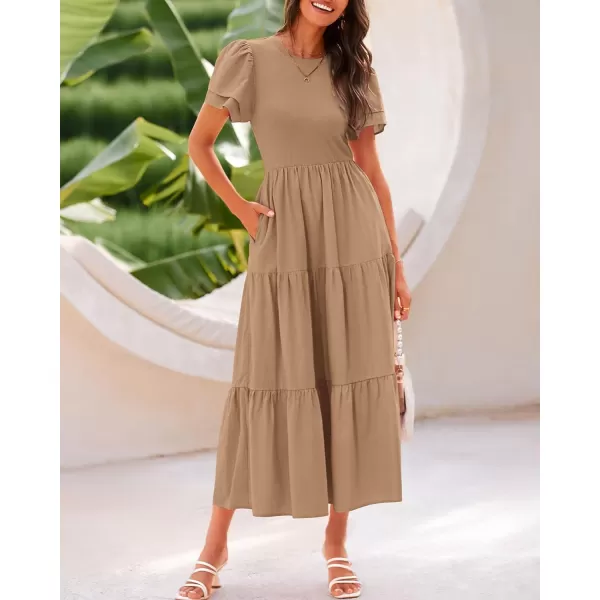 imageBTFBM Women Casual Summer Dresses Crewneck Flutter Puff Short Sleeve Elastic Waist Flowy Aline Tiered Maxi Dress PocketsSolid Khaki