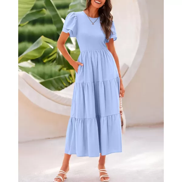 imageBTFBM Women Casual Summer Dresses Crewneck Flutter Puff Short Sleeve Elastic Waist Flowy Aline Tiered Maxi Dress PocketsSolid Light Blue