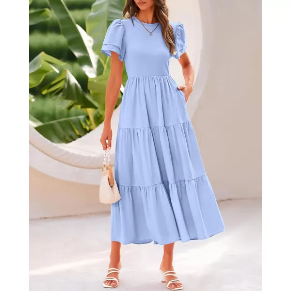 imageBTFBM Women Casual Summer Dresses Crewneck Flutter Puff Short Sleeve Elastic Waist Flowy Aline Tiered Maxi Dress PocketsSolid Light Blue