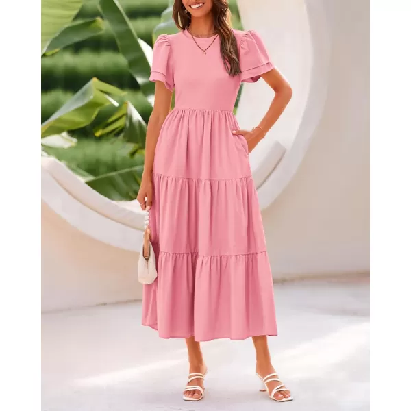 imageBTFBM Women Casual Summer Dresses Crewneck Flutter Puff Short Sleeve Elastic Waist Flowy Aline Tiered Maxi Dress PocketsSolid Pink