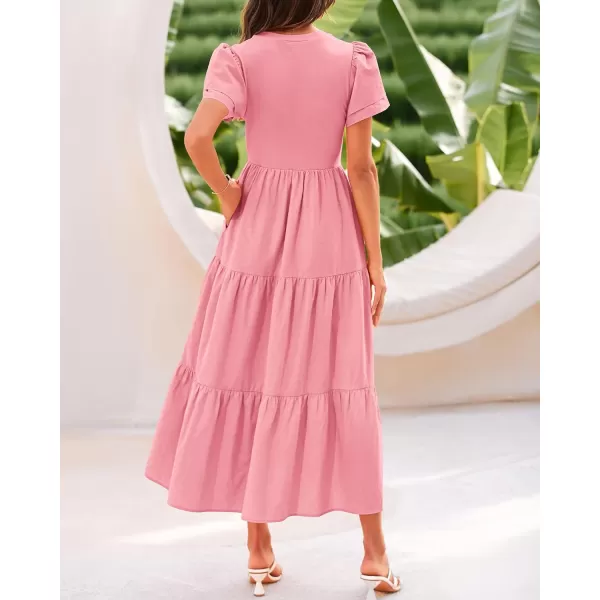 imageBTFBM Women Casual Summer Dresses Crewneck Flutter Puff Short Sleeve Elastic Waist Flowy Aline Tiered Maxi Dress PocketsSolid Pink