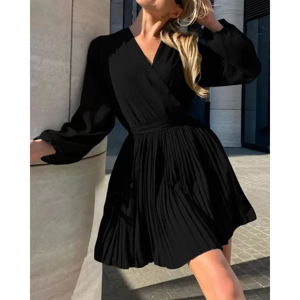 imageBTFBM Women Casual Summer Fall Dresses 2023 Boho Wrap V Neck Puff Long Sleeve Cocktail Flowy Pleated ALine Mini DressSolid Black