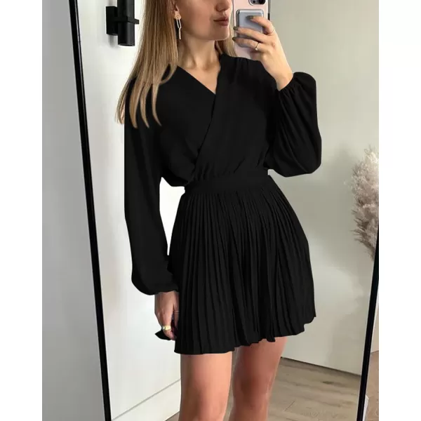imageBTFBM Women Casual Summer Fall Dresses 2023 Boho Wrap V Neck Puff Long Sleeve Cocktail Flowy Pleated ALine Mini DressSolid Black
