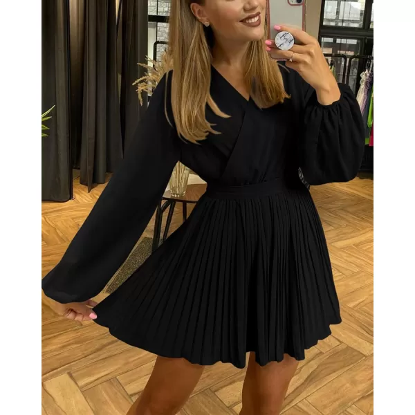 imageBTFBM Women Casual Summer Fall Dresses 2023 Boho Wrap V Neck Puff Long Sleeve Cocktail Flowy Pleated ALine Mini DressSolid Black