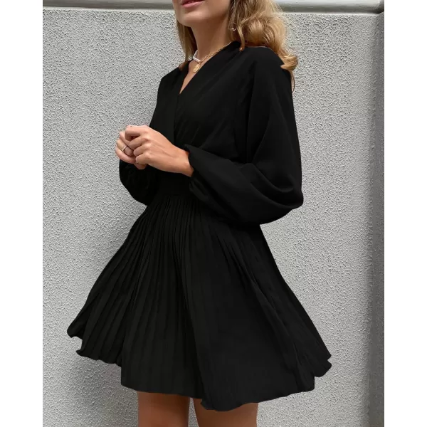 imageBTFBM Women Casual Summer Fall Dresses 2023 Boho Wrap V Neck Puff Long Sleeve Cocktail Flowy Pleated ALine Mini DressSolid Black
