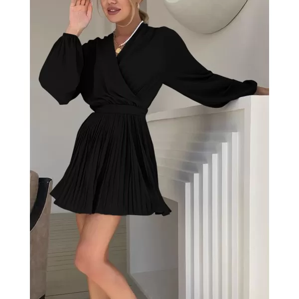 imageBTFBM Women Casual Summer Fall Dresses 2023 Boho Wrap V Neck Puff Long Sleeve Cocktail Flowy Pleated ALine Mini DressSolid Black