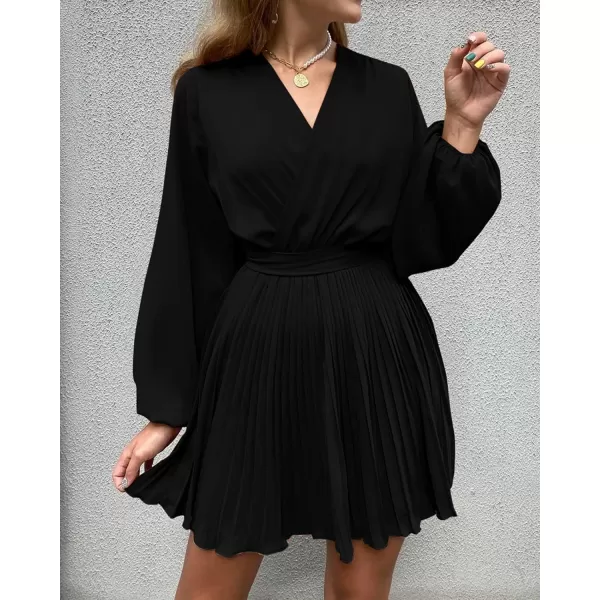 imageBTFBM Women Casual Summer Fall Dresses 2023 Boho Wrap V Neck Puff Long Sleeve Cocktail Flowy Pleated ALine Mini DressSolid Black
