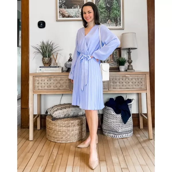 imageBTFBM Women Casual Summer Fall Dresses 2023 Boho Wrap V Neck Puff Long Sleeve Cocktail Flowy Pleated ALine Mini DressSolid Blue