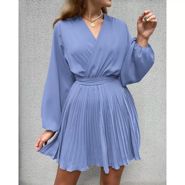 imageBTFBM Women Casual Summer Fall Dresses 2023 Boho Wrap V Neck Puff Long Sleeve Cocktail Flowy Pleated ALine Mini DressSolid Blue
