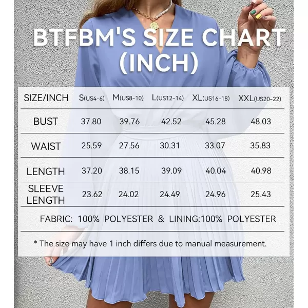 imageBTFBM Women Casual Summer Fall Dresses 2023 Boho Wrap V Neck Puff Long Sleeve Cocktail Flowy Pleated ALine Mini DressSolid Blue
