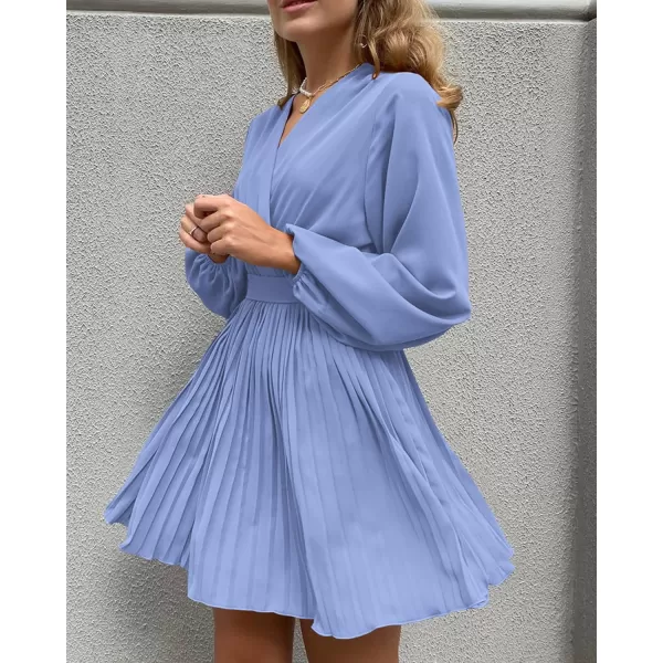 imageBTFBM Women Casual Summer Fall Dresses 2023 Boho Wrap V Neck Puff Long Sleeve Cocktail Flowy Pleated ALine Mini DressSolid Blue