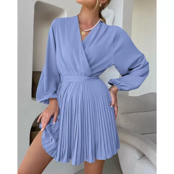 imageBTFBM Women Casual Summer Fall Dresses 2023 Boho Wrap V Neck Puff Long Sleeve Cocktail Flowy Pleated ALine Mini DressSolid Blue