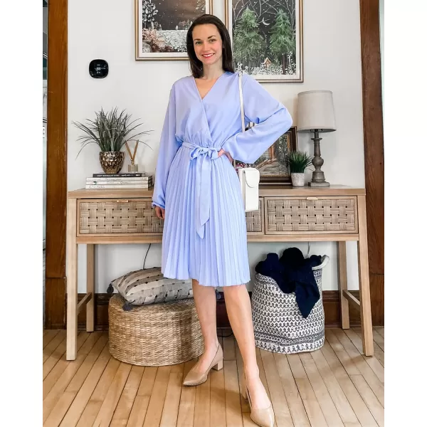 imageBTFBM Women Casual Summer Fall Dresses 2023 Boho Wrap V Neck Puff Long Sleeve Cocktail Flowy Pleated ALine Mini DressSolid Blue