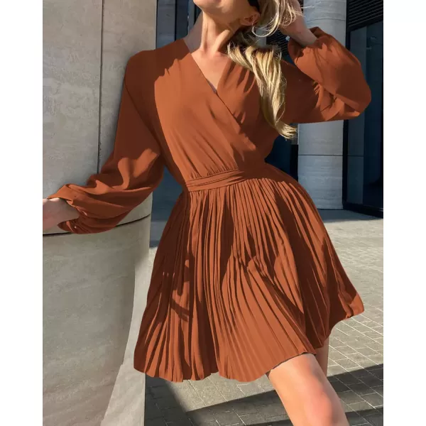 imageBTFBM Women Casual Summer Fall Dresses 2023 Boho Wrap V Neck Puff Long Sleeve Cocktail Flowy Pleated ALine Mini DressSolid Brick Red
