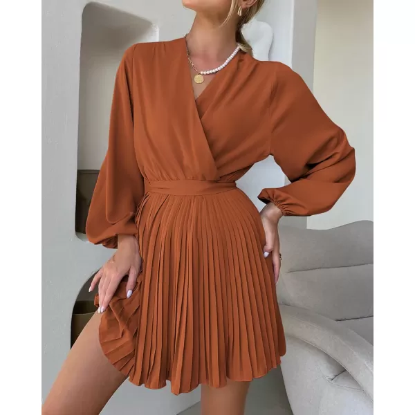 imageBTFBM Women Casual Summer Fall Dresses 2023 Boho Wrap V Neck Puff Long Sleeve Cocktail Flowy Pleated ALine Mini DressSolid Brick Red