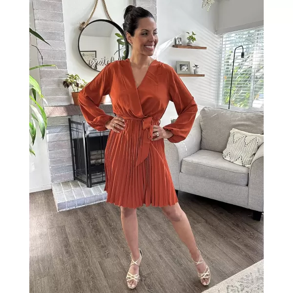 imageBTFBM Women Casual Summer Fall Dresses 2023 Boho Wrap V Neck Puff Long Sleeve Cocktail Flowy Pleated ALine Mini DressSolid Brick Red
