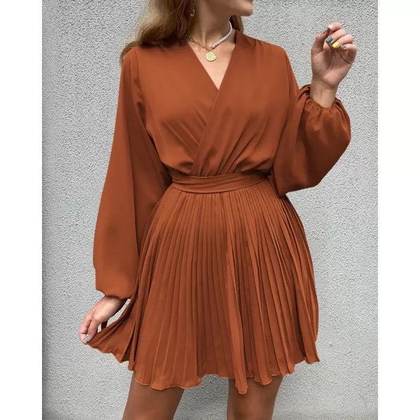 imageBTFBM Women Casual Summer Fall Dresses 2023 Boho Wrap V Neck Puff Long Sleeve Cocktail Flowy Pleated ALine Mini DressSolid Brick Red
