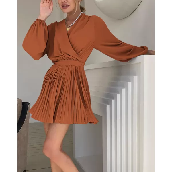 imageBTFBM Women Casual Summer Fall Dresses 2023 Boho Wrap V Neck Puff Long Sleeve Cocktail Flowy Pleated ALine Mini DressSolid Brick Red