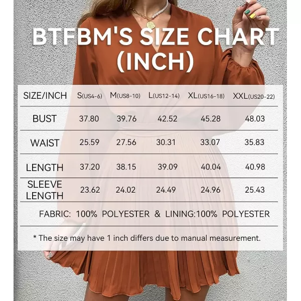 imageBTFBM Women Casual Summer Fall Dresses 2023 Boho Wrap V Neck Puff Long Sleeve Cocktail Flowy Pleated ALine Mini DressSolid Brick Red