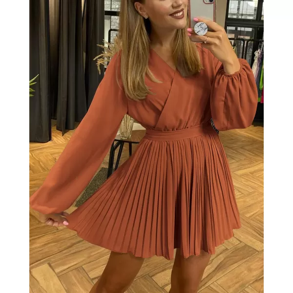 imageBTFBM Women Casual Summer Fall Dresses 2023 Boho Wrap V Neck Puff Long Sleeve Cocktail Flowy Pleated ALine Mini DressSolid Brick Red