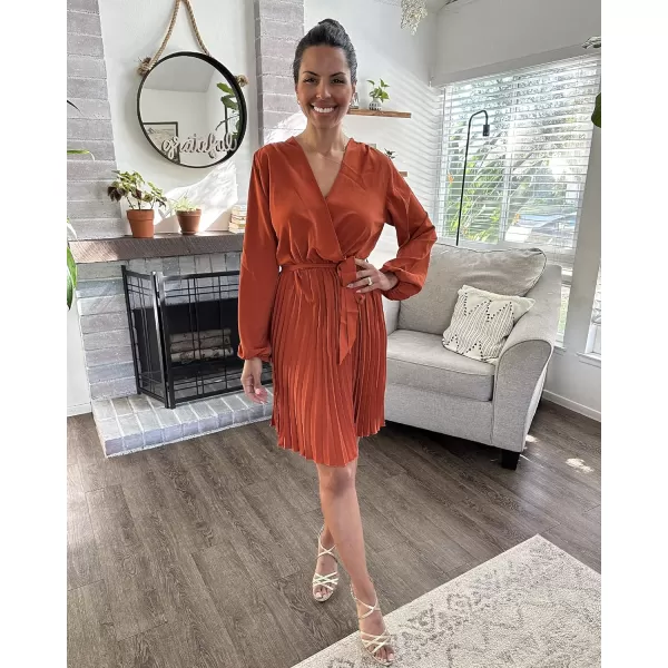 imageBTFBM Women Casual Summer Fall Dresses 2023 Boho Wrap V Neck Puff Long Sleeve Cocktail Flowy Pleated ALine Mini DressSolid Brick Red