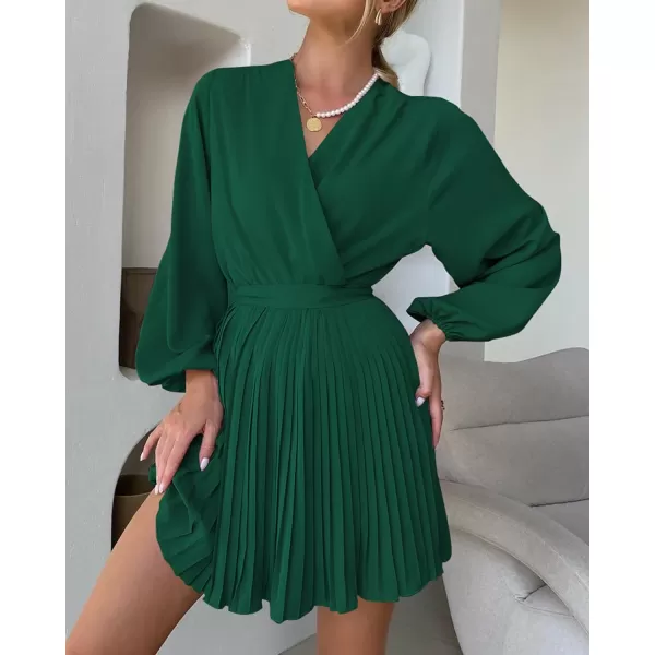 imageBTFBM Women Casual Summer Fall Dresses 2023 Boho Wrap V Neck Puff Long Sleeve Cocktail Flowy Pleated ALine Mini DressSolid Dark Green