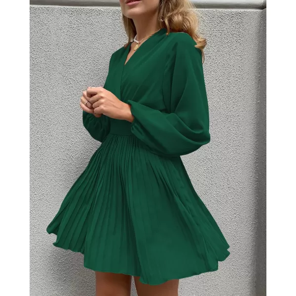 imageBTFBM Women Casual Summer Fall Dresses 2023 Boho Wrap V Neck Puff Long Sleeve Cocktail Flowy Pleated ALine Mini DressSolid Dark Green