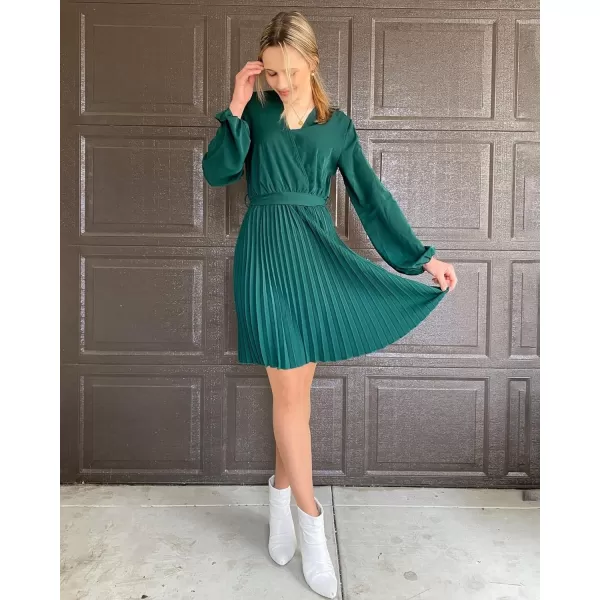 imageBTFBM Women Casual Summer Fall Dresses 2023 Boho Wrap V Neck Puff Long Sleeve Cocktail Flowy Pleated ALine Mini DressSolid Dark Green