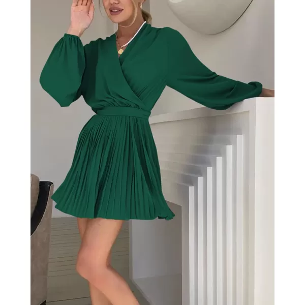 imageBTFBM Women Casual Summer Fall Dresses 2023 Boho Wrap V Neck Puff Long Sleeve Cocktail Flowy Pleated ALine Mini DressSolid Dark Green