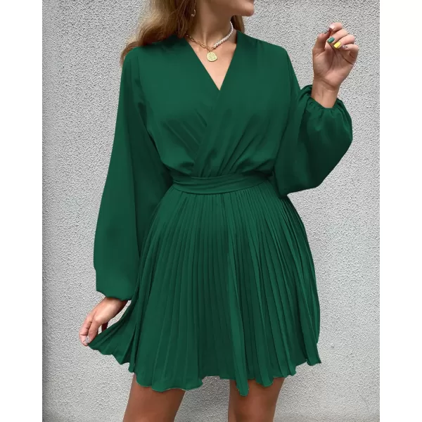 imageBTFBM Women Casual Summer Fall Dresses 2023 Boho Wrap V Neck Puff Long Sleeve Cocktail Flowy Pleated ALine Mini DressSolid Dark Green