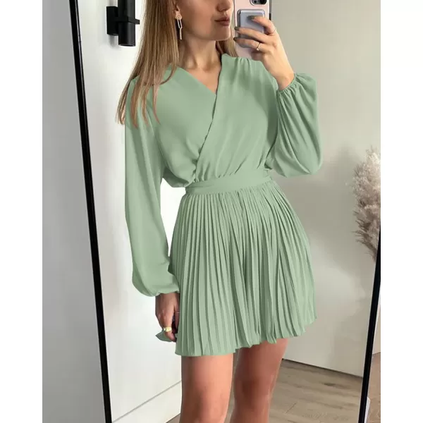 imageBTFBM Women Casual Summer Fall Dresses 2023 Boho Wrap V Neck Puff Long Sleeve Cocktail Flowy Pleated ALine Mini DressSolid Light Green