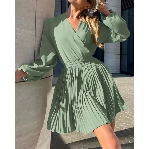 imageBTFBM Women Casual Summer Fall Dresses 2023 Boho Wrap V Neck Puff Long Sleeve Cocktail Flowy Pleated ALine Mini DressSolid Light Green