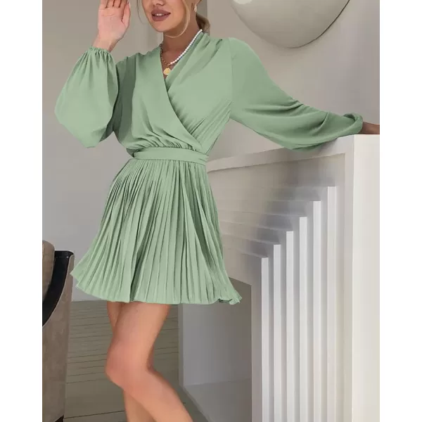 imageBTFBM Women Casual Summer Fall Dresses 2023 Boho Wrap V Neck Puff Long Sleeve Cocktail Flowy Pleated ALine Mini DressSolid Light Green