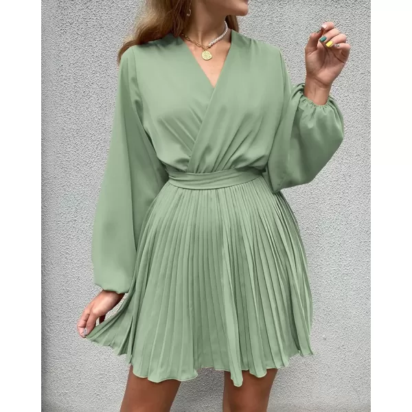 imageBTFBM Women Casual Summer Fall Dresses 2023 Boho Wrap V Neck Puff Long Sleeve Cocktail Flowy Pleated ALine Mini DressSolid Light Green