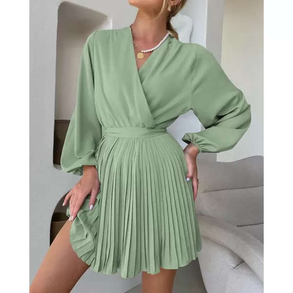 imageBTFBM Women Casual Summer Fall Dresses 2023 Boho Wrap V Neck Puff Long Sleeve Cocktail Flowy Pleated ALine Mini DressSolid Light Green