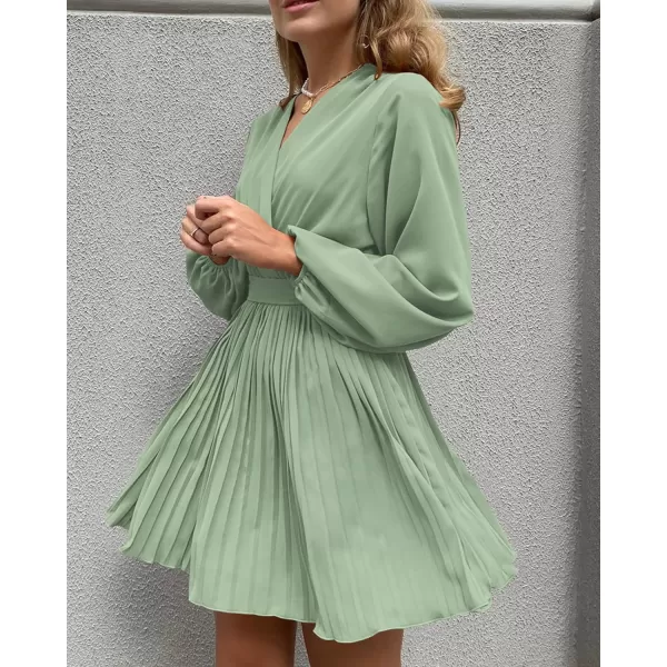 imageBTFBM Women Casual Summer Fall Dresses 2023 Boho Wrap V Neck Puff Long Sleeve Cocktail Flowy Pleated ALine Mini DressSolid Light Green